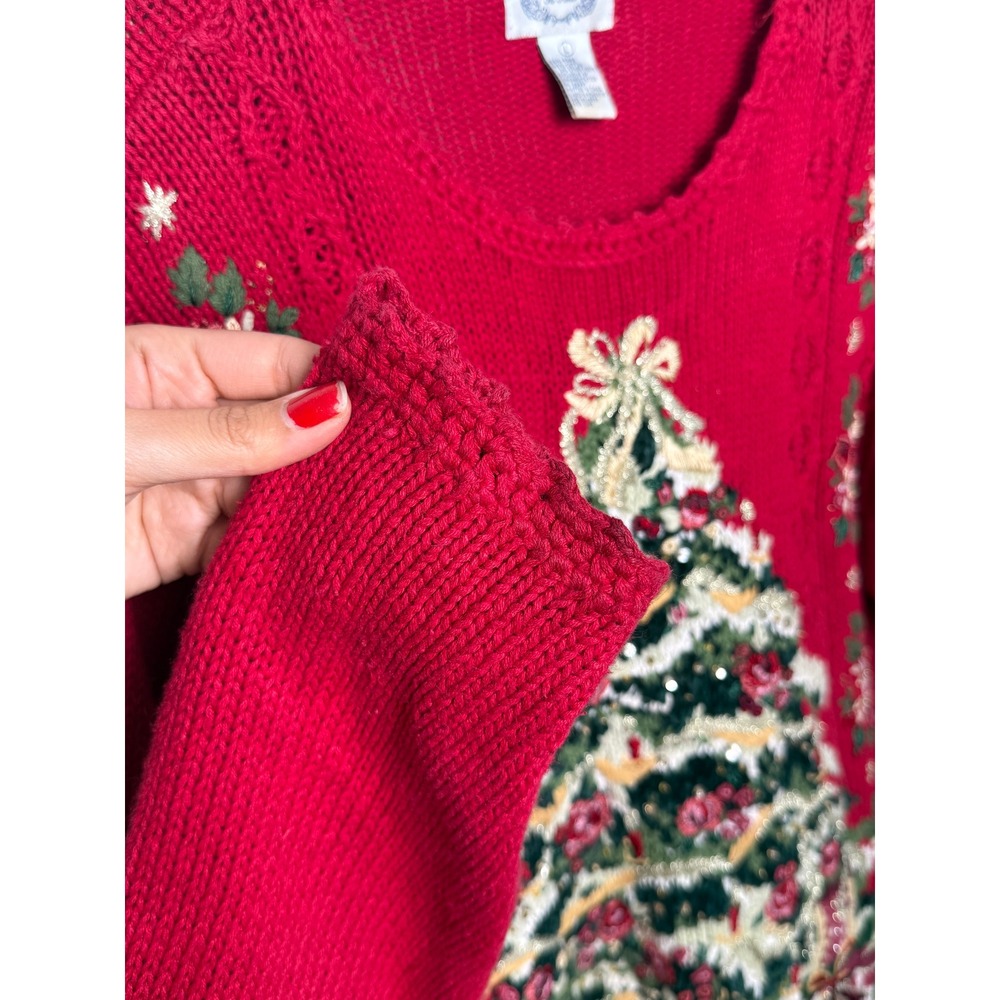 Red Vintage Christmas Tree Embroidered Beaded Sweater Large Stitches In Time - Picture 6 of 7